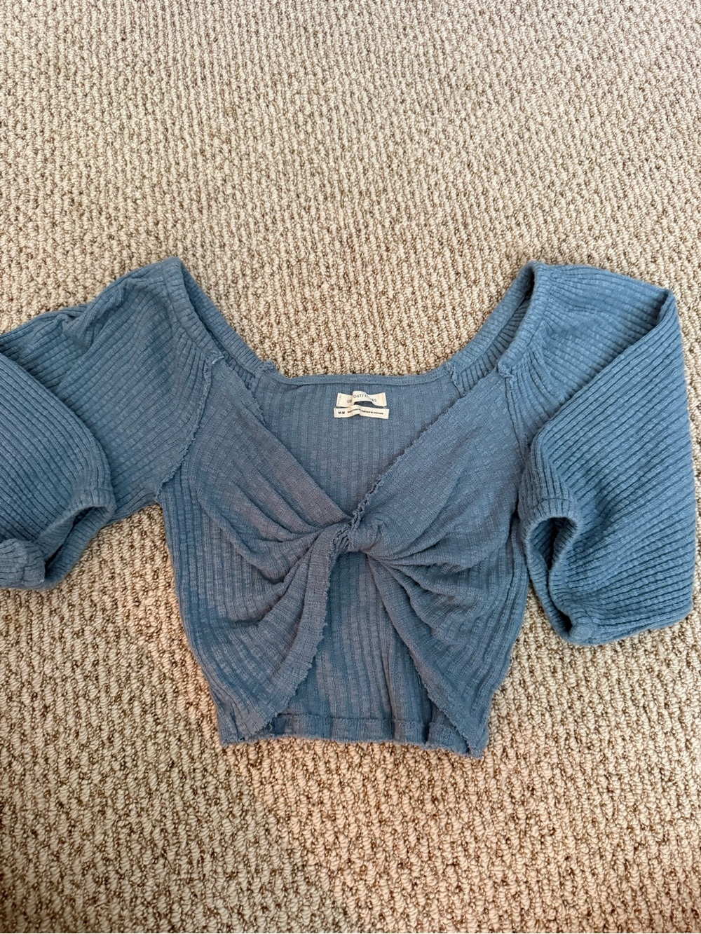 Urban Outfitters Blue Ribbed Twist-Front Puff Sleeve Crop Top